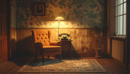 A single lamp casts a warm, inviting glow over a vintage armchair and an old rotary telephone in a quiet corner.の素材