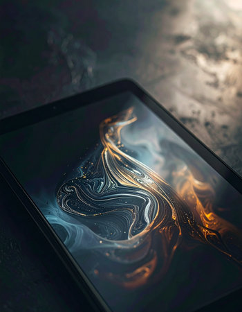 A close-up view of a modern tablet reveals a mesmerizing display of digital art.の素材