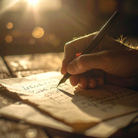 In a room bathed in warm, golden sunlight, a hand carefully guides a quill pen across aged parchment.の素材
