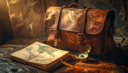 In a dusty, forgotten chamber, a single beam of light illuminates the essential tools of an intrepid explorer.の素材