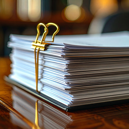 A thick stack of important documents sits neatly on a polished wooden desk, held together by a shiny gold binder clip.の素材