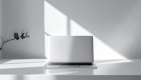 A clean, modern workspace bathed in the soft glow of morning sunlight. A laptop sits on a white desk, ready for a day of focus and creativity.の素材