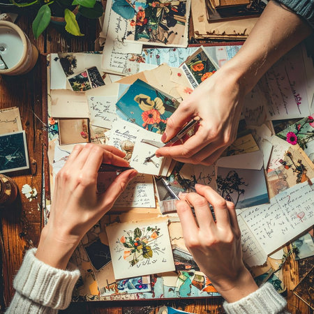 Two people gather around a wooden table, their hands carefully sifting through a treasured collection of old photographs and postcards.の素材