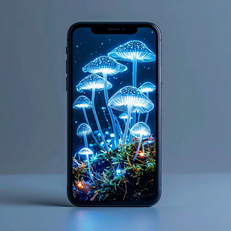 A smartphone screen opens a portal to an enchanted forest floor, where magical mushrooms glow with a vibrant, bioluminescent blue light.の素材