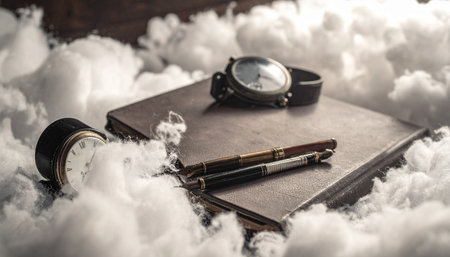 A laptop and watches are mysteriously suspended in a dense, dreamlike fog.の素材