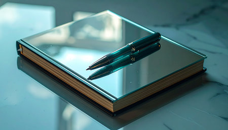 An elegant pen rests on the mirrored surface of a closed journal, reflecting the promise of new ideas.の素材