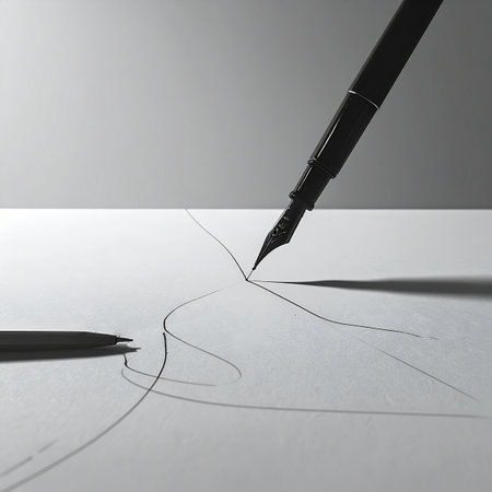 In a quiet, focused moment, the nib of a classic fountain pen touches paper, beginning a new story.の素材