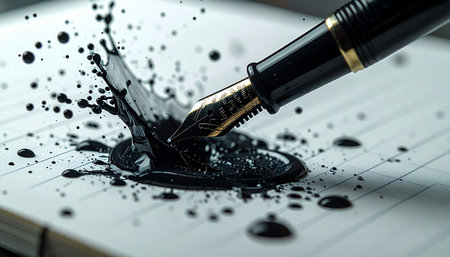 In a moment of intense pressure or sudden inspiration, a classic fountain pen makes its mark.の素材