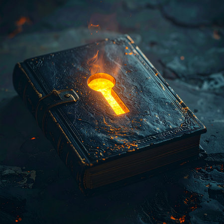 In the ashes of a forgotten world, a forbidden grimoire lies sealed. Its ancient lock glows with trapped magic, waiting for the one worthy to unlock its powerful secrets and untold knowledge.の素材