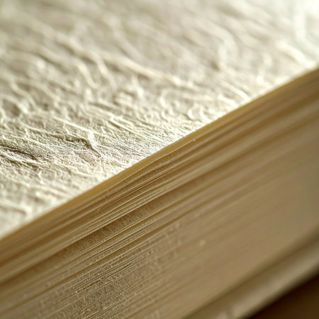 A close-up view reveals the intricate, tactile surface of a handmade paper cover on a special book.の素材