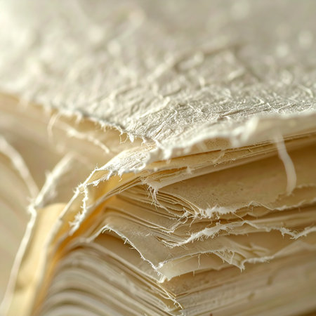 A close-up view reveals the intricate, fibrous texture of a stack of handmade paper.の素材