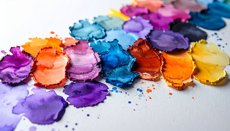 A vibrant explosion of color spreads across a clean white canvas.の素材