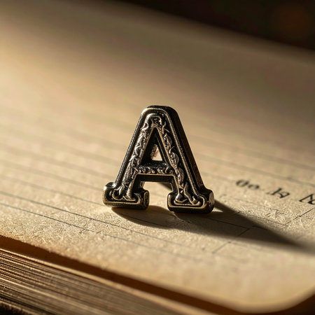 An ornate, antique metal letter 'A' rests on the textured page of an old book, bathed in warm, dramatic light.の素材