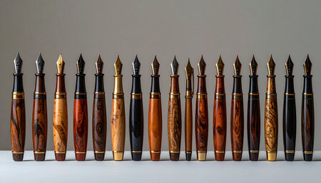 A meticulously arranged collection of handcrafted wooden fountain pens stands in a neat row, each one a unique testament to the art of fine writing.の素材