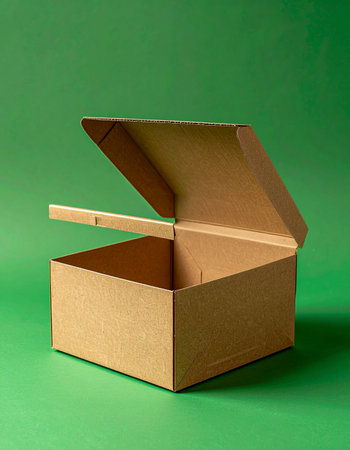 An open, empty cardboard box sits against a vibrant green background, its lid ajar in anticipation.の素材