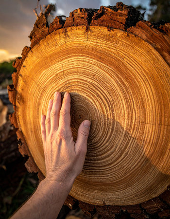 In the warm glow of a setting sun, a hand gently rests on the cross-section of a felled tree.の素材