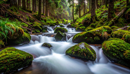 Crystal-clear water cascades over moss-covered stones in a secluded, ancient forest.の素材