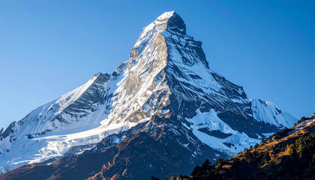 The first rays of morning sun illuminate the iconic, snow-dusted peak of the Matterhorn.の素材