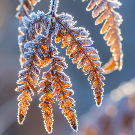 The first light of a crisp morning illuminates a delicate fern frond, its autumn gold preserved under a sparkling layer of frost.の素材