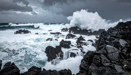 Under a dark, brooding sky, a powerful ocean storm unleashes its fury upon a rugged volcanic coastline.の素材