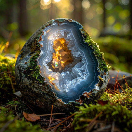 A magnificent agate geode, a hidden treasure of the earth, rests upon a bed of vibrant green moss.の素材