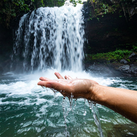 A person's hand reaches out to feel the cool, clear water of a stunning waterfall deep within a lush, green rainforest.の素材