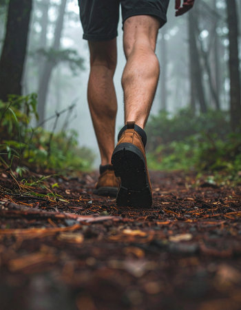 A low-angle view captures the determined stride of a man hiking through a dense, foggy forest.の素材