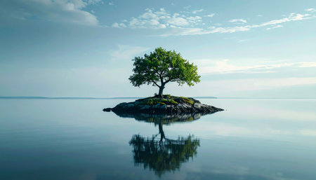 A single, resilient tree stands alone on a tiny island, its perfect reflection mirrored in the still, tranquil waters.の素材