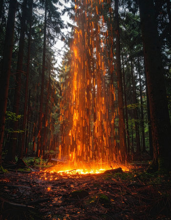 In the heart of a silent, dark forest, a spectacular shower of fiery sparks erupts, cascading down like a molten waterfall.の素材