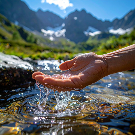 A person's hand gently cups crystal clear water from a vibrant mountain stream.の素材