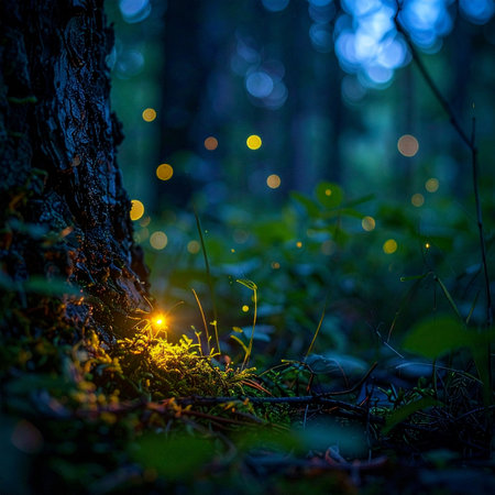 Tiny, glowing fireflies illuminate the mossy floor of a deep, enchanted forest at twilight.の素材