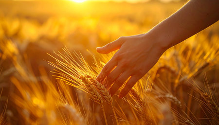 A gentle hand brushes through a field of ripe, golden wheat as the setting sun casts a warm, ethereal glow over the landscape.の素材
