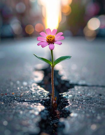 In the heart of the city, a single, delicate pink flower demonstrates incredible strength and resilience.の素材