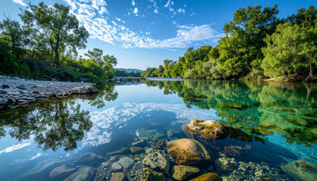 A tranquil river flows gently through a lush forest under a bright summer sky.の素材