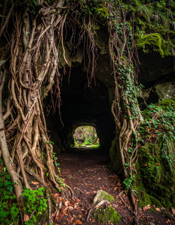 A mysterious, dark tunnel formed by ancient, gnarled tree roots and mossy rocks leads the way forward.の素材