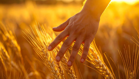A gentle hand glides over a field of ripe, golden wheat, bathed in the warm, ethereal light of a setting sun.の素材