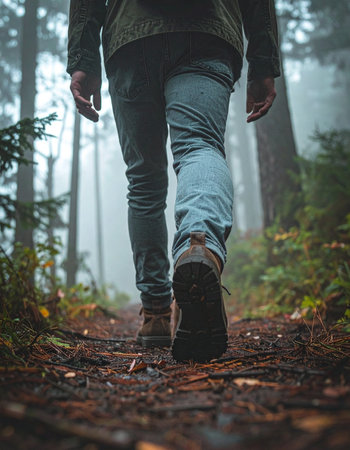 A lone hiker takes a step forward on a damp, leaf-strewn path, disappearing into the atmospheric mist of a dense forest.の素材