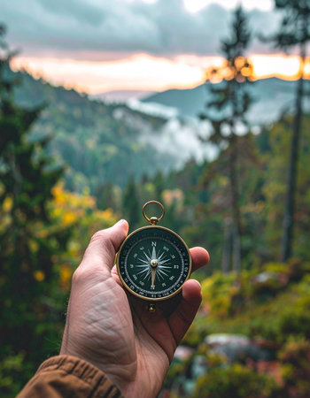 A first-person perspective of a hand holding a classic compass, pointing the way forward against a blurred, scenic backdrop of misty mountains and a forest at sunrise.の素材