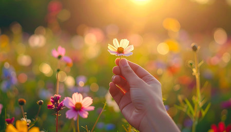 In the soft, golden light of a setting sun, a hand gently holds a delicate cosmos flower.の素材