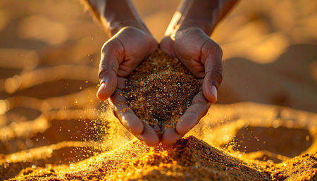 In the warm glow of a desert sunset, a pair of hands gently cups a handful of golden earth.の素材
