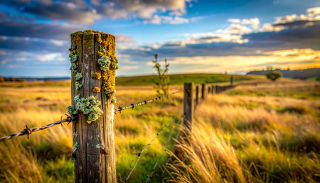 As the sun dips below the horizon, its last golden rays illuminate a weathered fence post standing sentinel in a vast, tranquil meadow.の素材