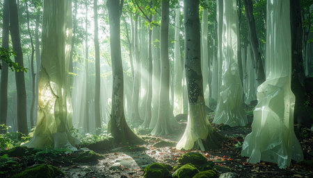 Sunlight streams through the dense canopy of an ancient, enchanted woodland, casting ethereal rays of light that illuminate the mysterious atmosphere.の素材