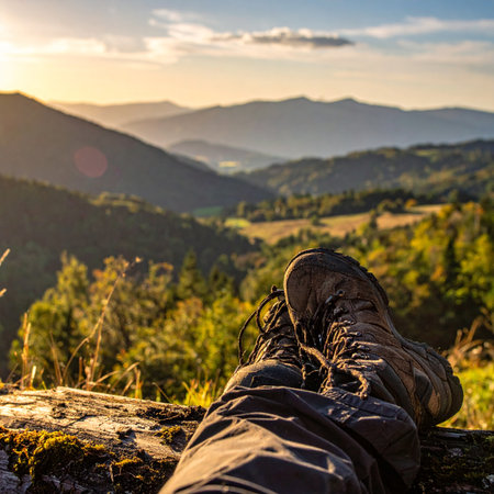 From a first-person perspective, a hiker takes a well-deserved rest, stretching out their boots to enjoy the breathtaking view.の素材