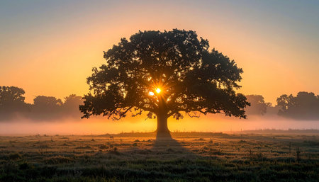A majestic, solitary oak tree stands as a powerful silhouette against a brilliant golden sunrise.の素材