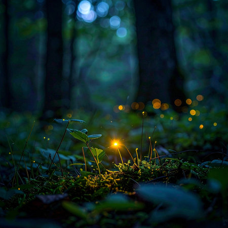 Deep within a mystical forest, a single bioluminescent mushroom illuminates the darkness, a beacon of hope and magic.の素材