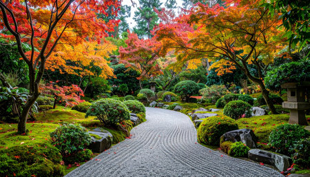 A winding stone path invites a peaceful stroll through a traditional Japanese garden.の素材