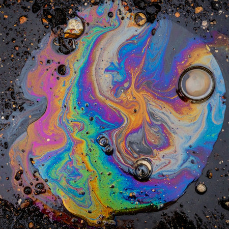 A captivating macro view of an oil slick on wet asphalt, creating a mesmerizing abstract pattern.の素材