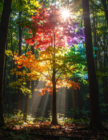 In the heart of a deep, tranquil forest, a single tree stands apart, its leaves glowing with all the colors of the rainbow.の素材