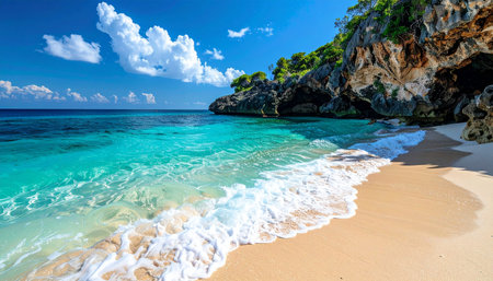 Gentle waves of crystal-clear turquoise water lap against a pristine sandy shore, creating a sense of perfect tranquility.の素材