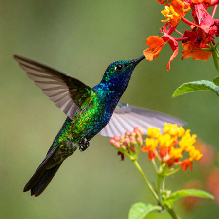 A stunning iridescent hummingbird, a jewel of nature, hovers with incredible speed and precision.の素材